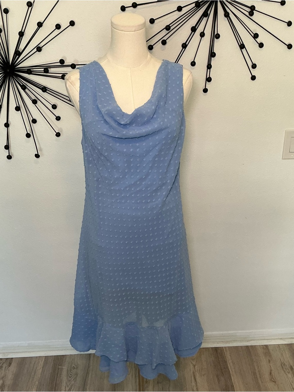 Signature by Robbie Bee Blue Swiss Dot Chiffon Midi Dress Size 10P